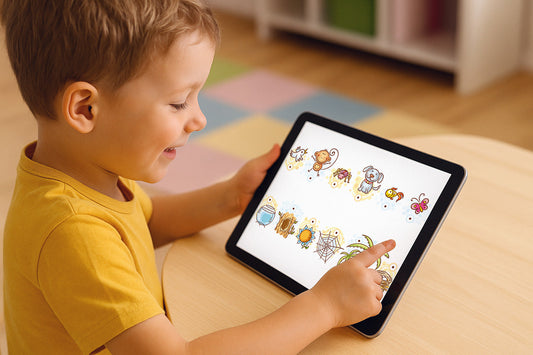 Boy playing computer learning game with cartoon cliparts