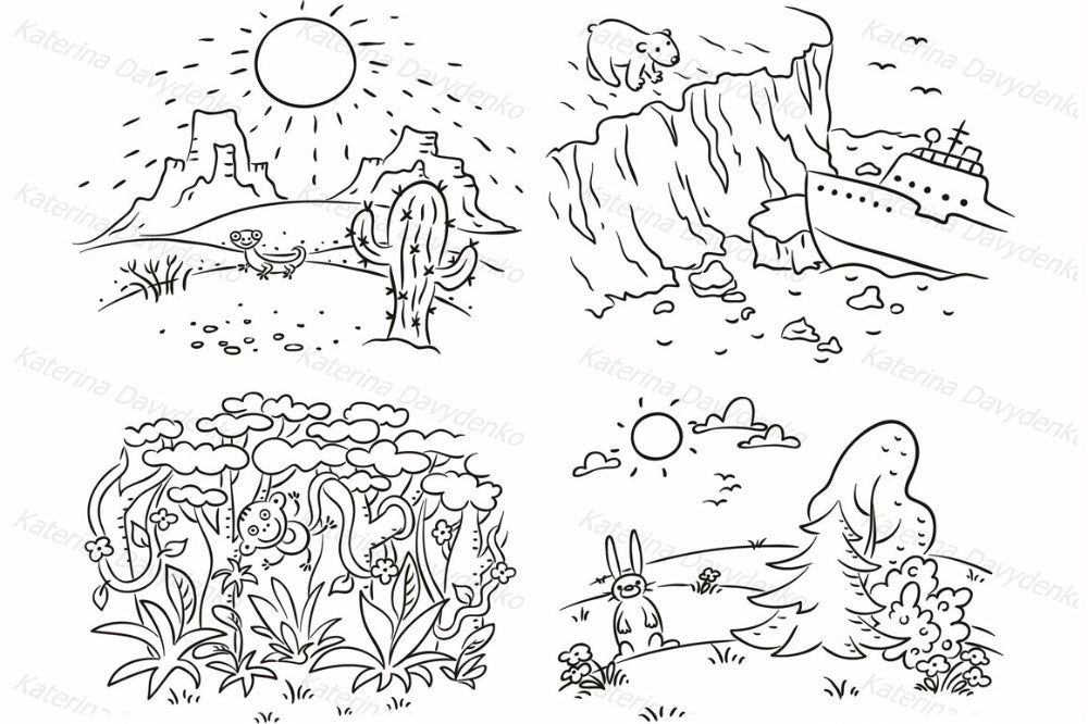 Black and white cartoon bundle – 32 fun kids and families illustrations for crafts and education