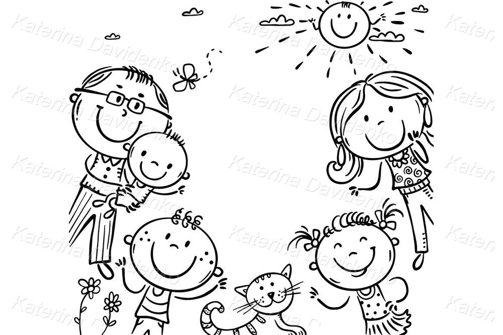 Joyful Family Frame Clipart with Children and Pets – Vector for Kids' Decor & DIY Printables
