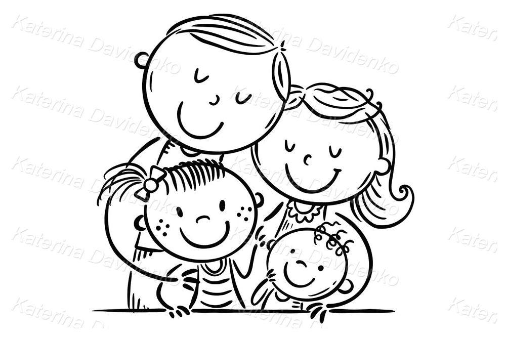 Happy Family Hugging – Hand-Drawn Vector Clipart for Parenting Projects & Family Prints