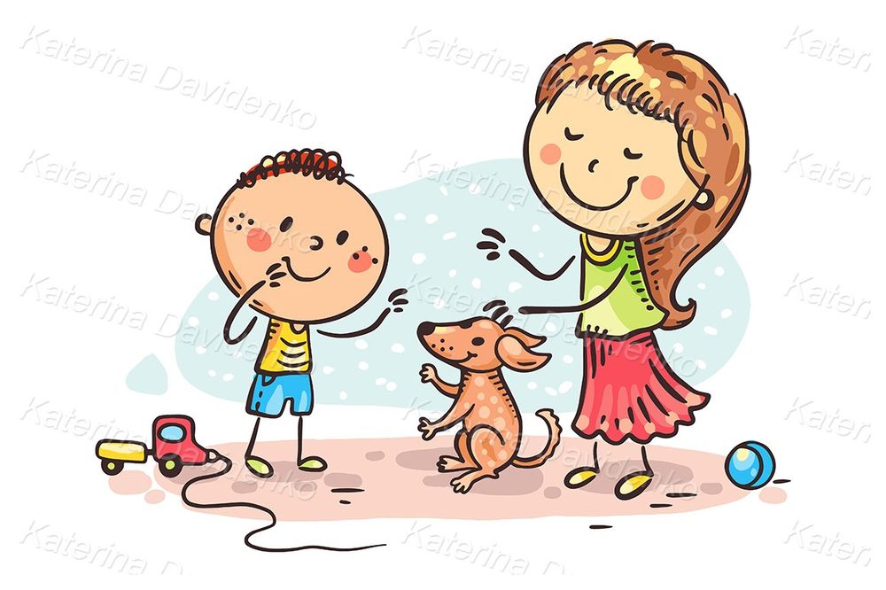 Cartoon mother and sony playing with their puppy illustration