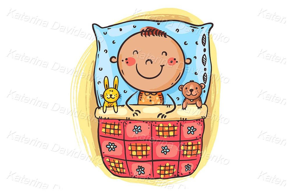 Illustration of cute kid sleeping in bed with his toys