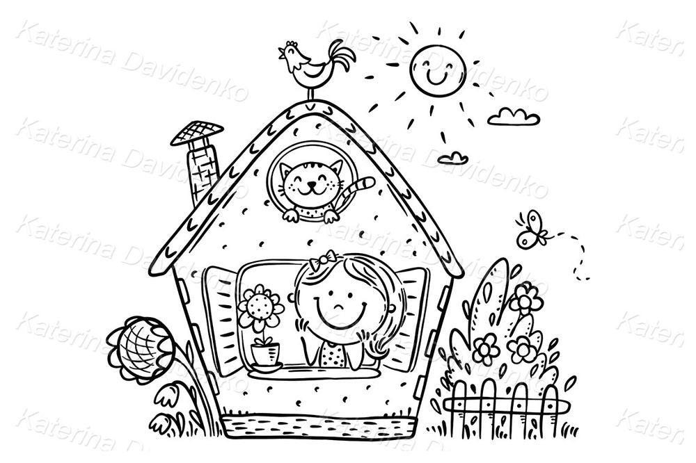 Whimsical House Scene with Girl and Cat – Cute Hand-Drawn Illustration for Nursery Prints, Wall Art & Activity Sheets