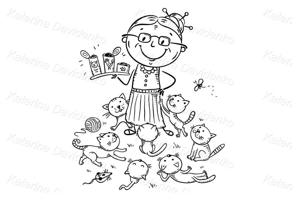 Grandma and Cats Illustration, Cat Lady – Clipart for Pets and Domestic Animals Themes