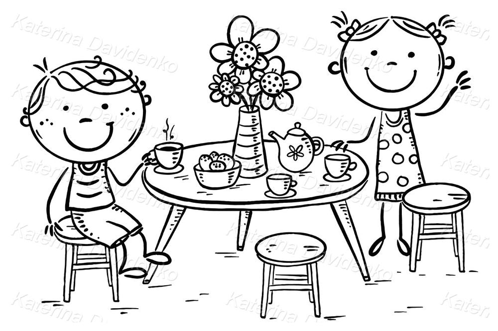Cute Kids Tea Party Illustration – Hand-Drawn Vector Clipart for Invitations, Worksheets & Home Decor