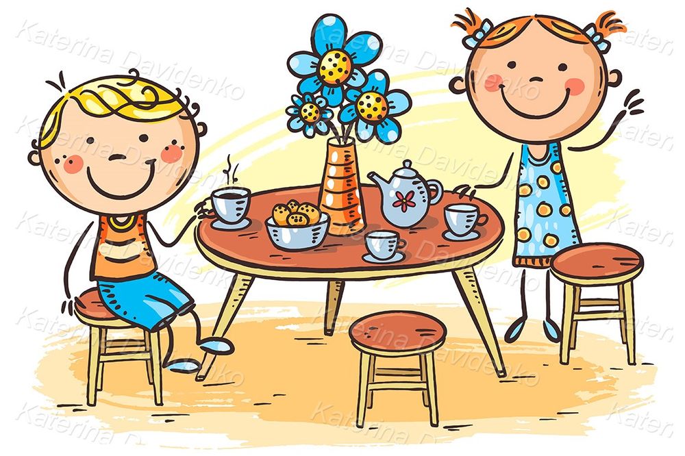 Boy and girl drinking tea, kids at the table illustration