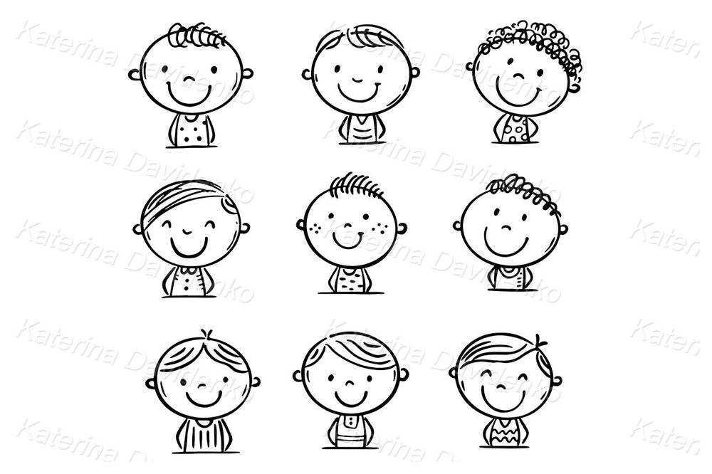 Doodle cartoon boys portraits set, vector kids avatars
