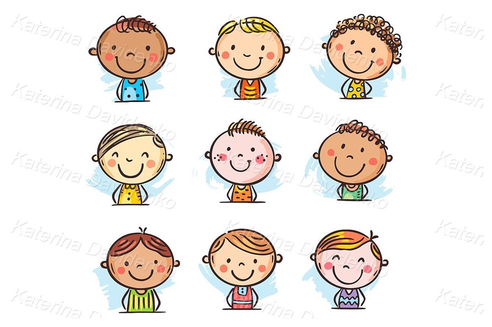 Doodle cartoon boys faces clipart set