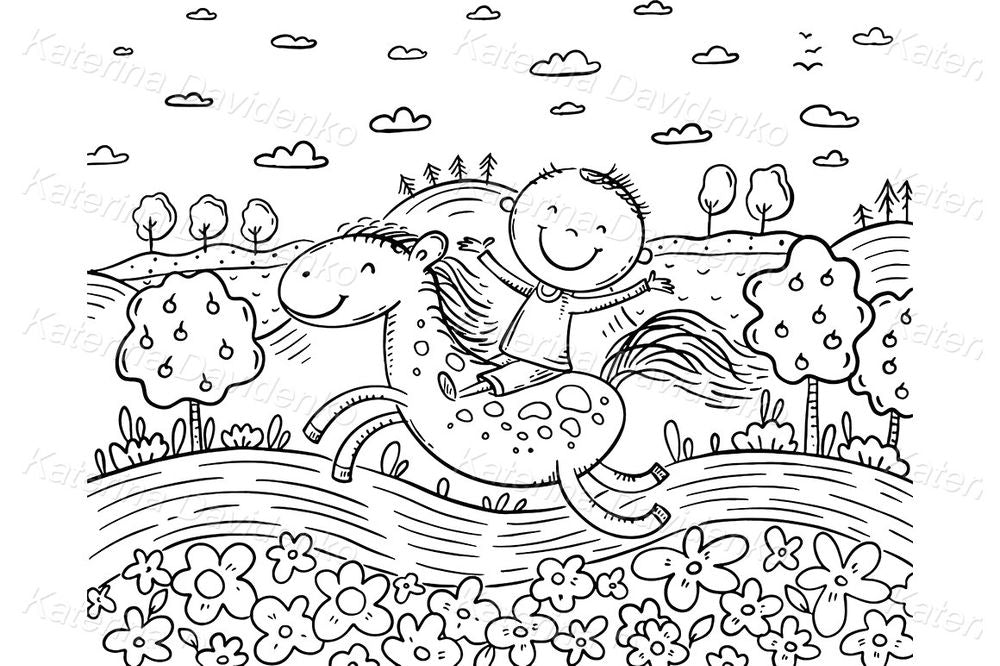 Boy Riding Horse Illustration – Cute Nature Clipart for Kids Wall Art, Storybooks & Educational Prints