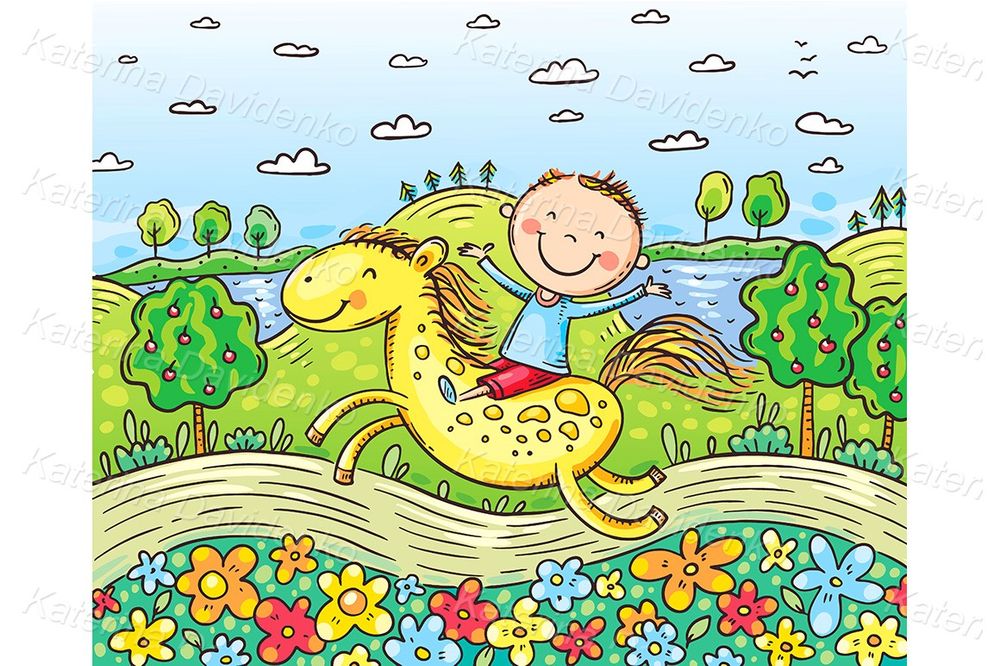Cartoon scenery with little boy riding a horse illustration