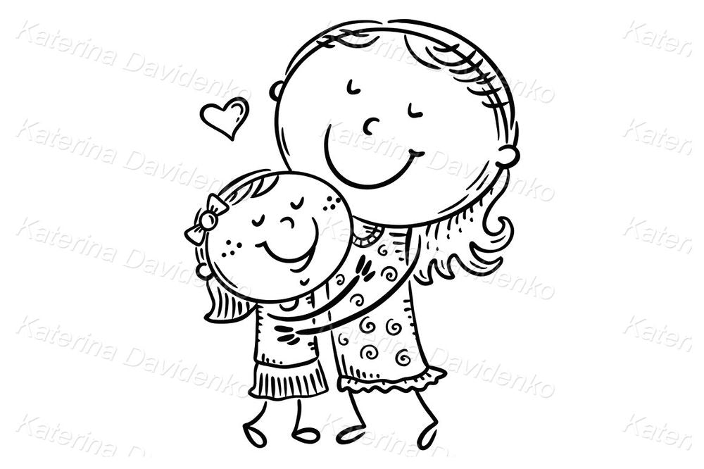 Mother and Daughter Hug Illustration – Cute Family Clipart for Cards, Posters & Mother's Day Crafts