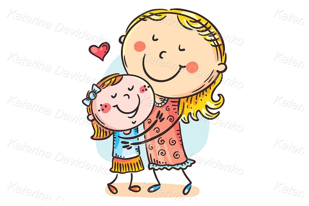 Cartoon illustration of mom hugging daughter
