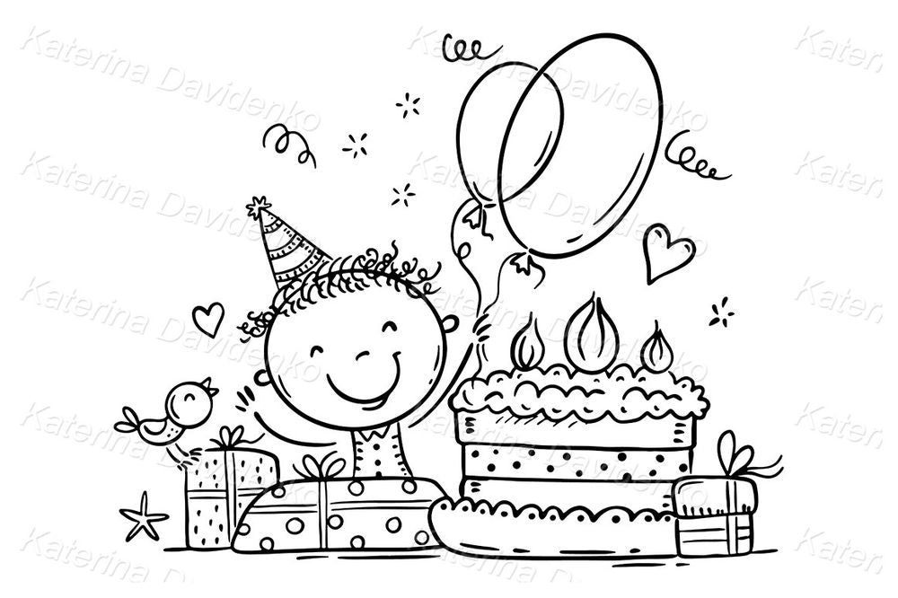 Birthday Party Vector – Cute Kid with Cake, Balloons & Gifts for Kids Posters, Cards & Party Printables