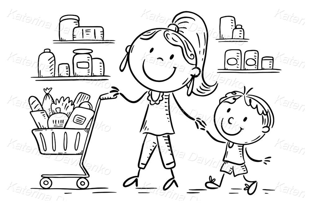 Happy Family Grocery Shopping – Fun Vector Clipart for Kids’ Activities and Educational Design