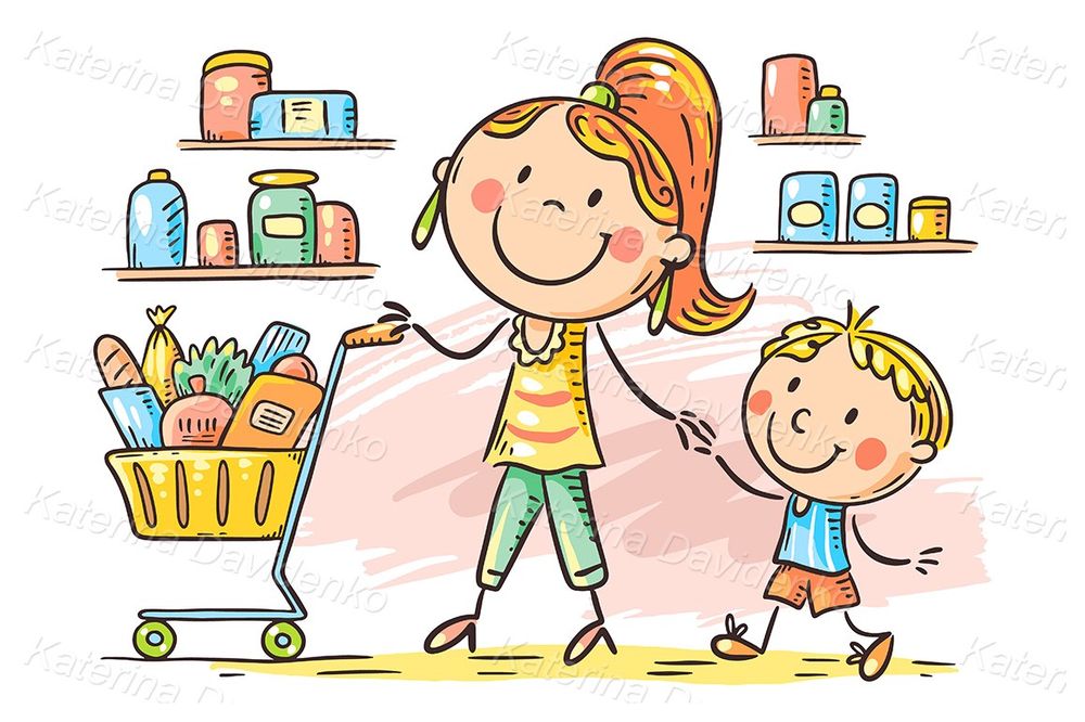 Family shopping clipart. Mom and son at supermarket with shopping cart