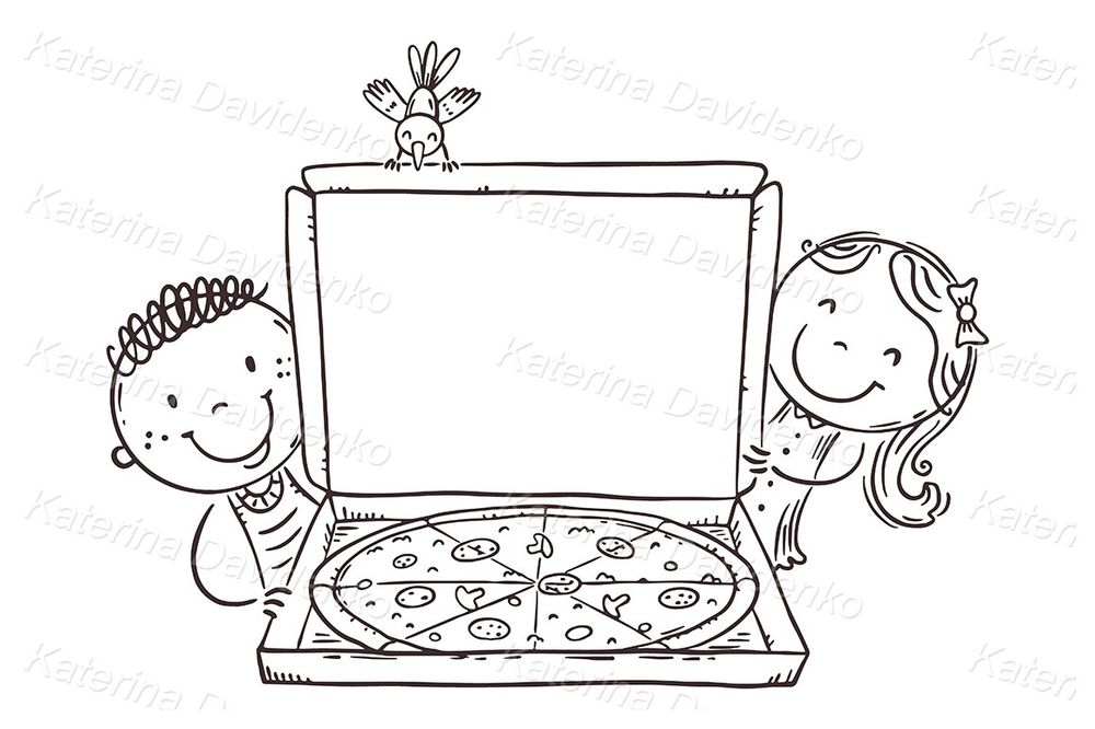 Happy Kids with Pizza Box – Printable Art for Birthday Party Invitations & Fun Menus