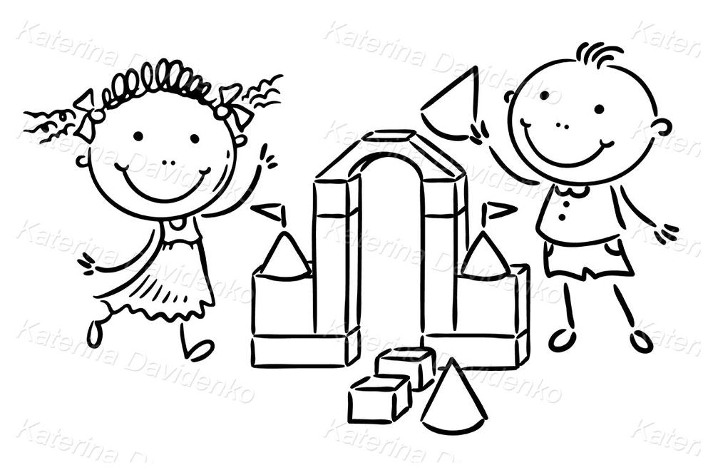 Happy kids playing with blocks vector clipart for preschool visuals