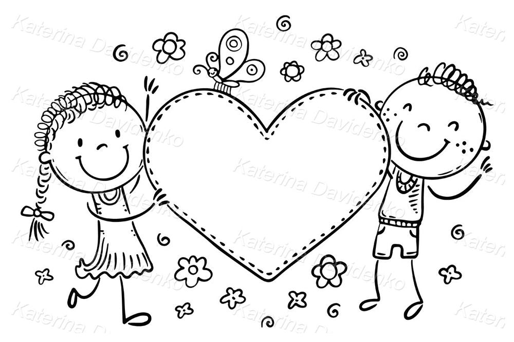 Cartoon kids with big heart and flowers in hand-drawn vector. Great for Valentine cards, printables, or kids crafts. High-res isolated PNG.