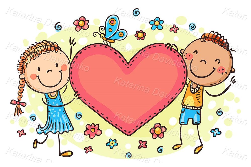 Doodle cartoon kids holding heart with a blank space for your text. Valentines day clipart
