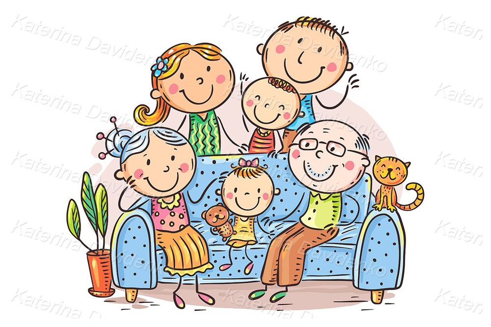 Cartoon multigenerational doodle family portrait