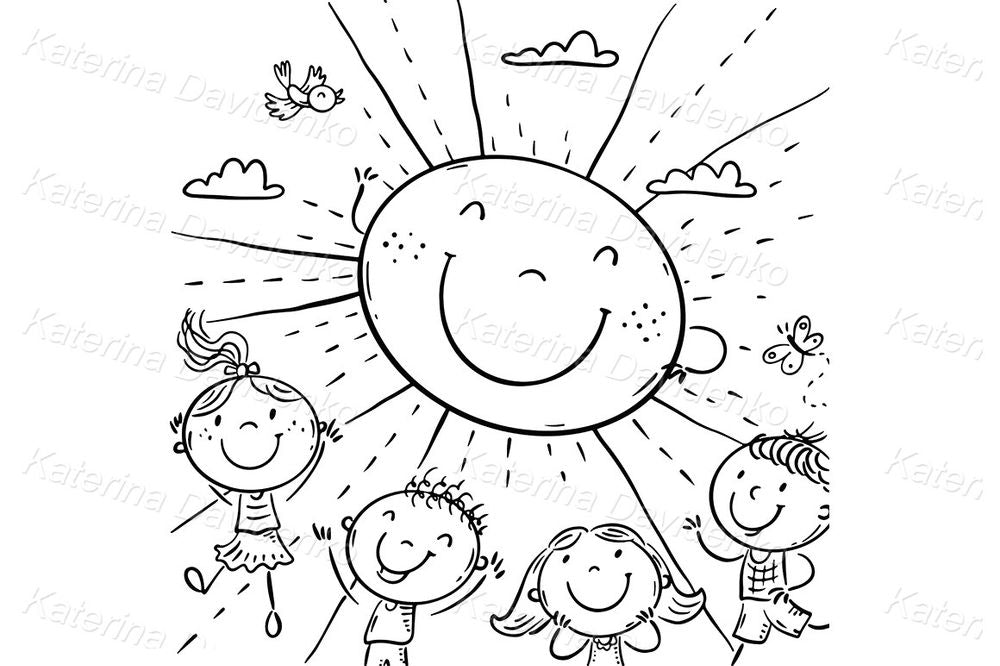 Happy Sun and Children – Cheerful Hand-Drawn Kids Under Sunny Sky