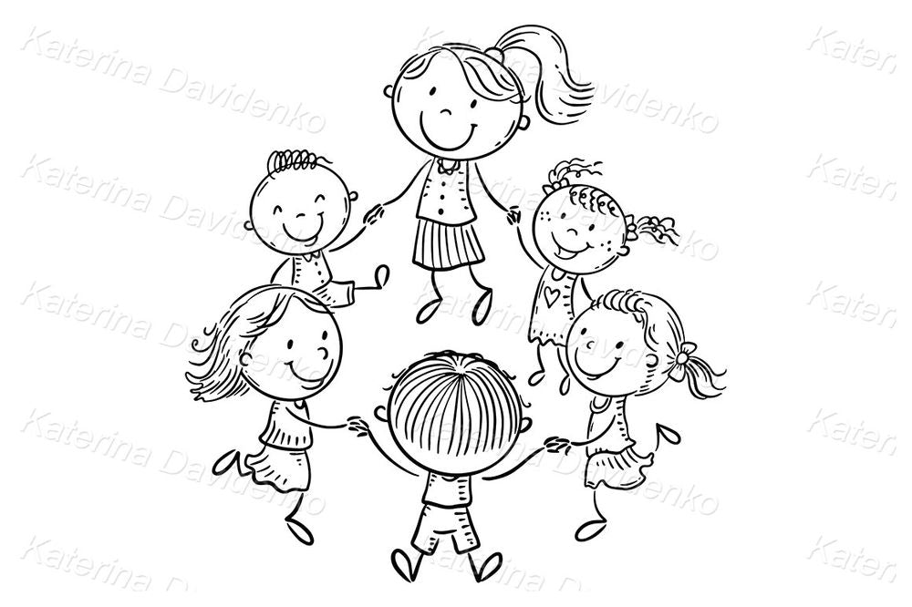 Kids and Teacher Ring Around the Rosie – Cartoon Circle of Diverse Children