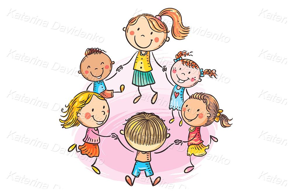 Happy children and teacher dancing in circle illustration