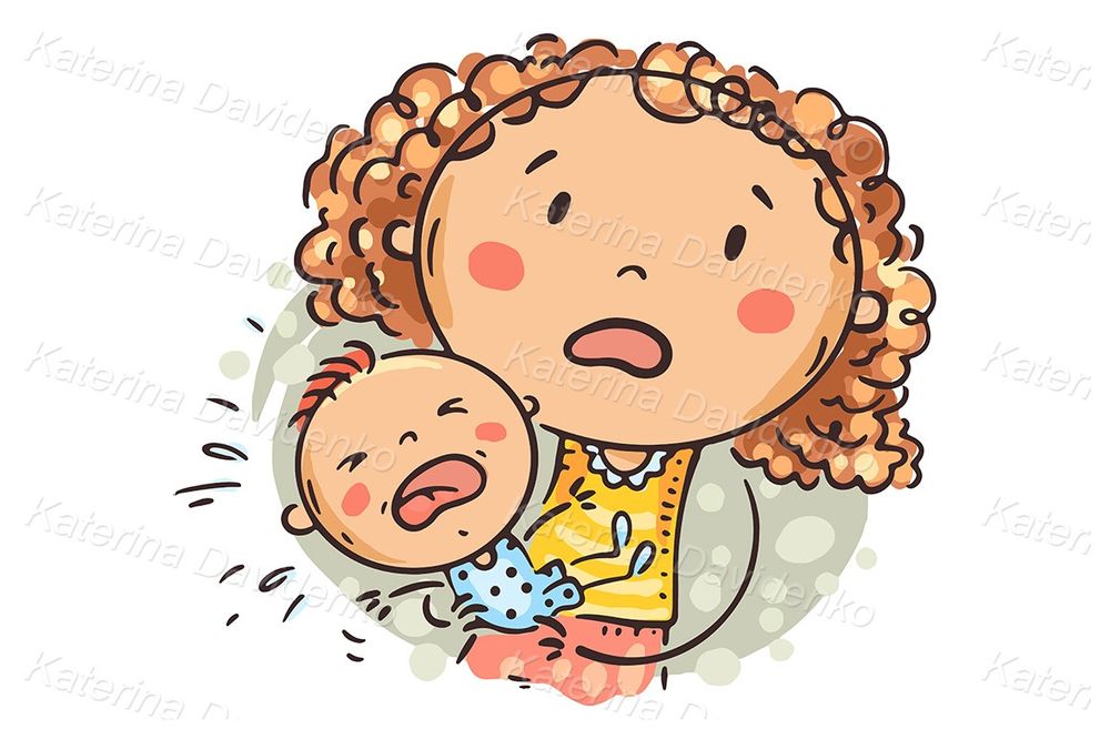 Illustration of a baby is crying and mother in panic clipart