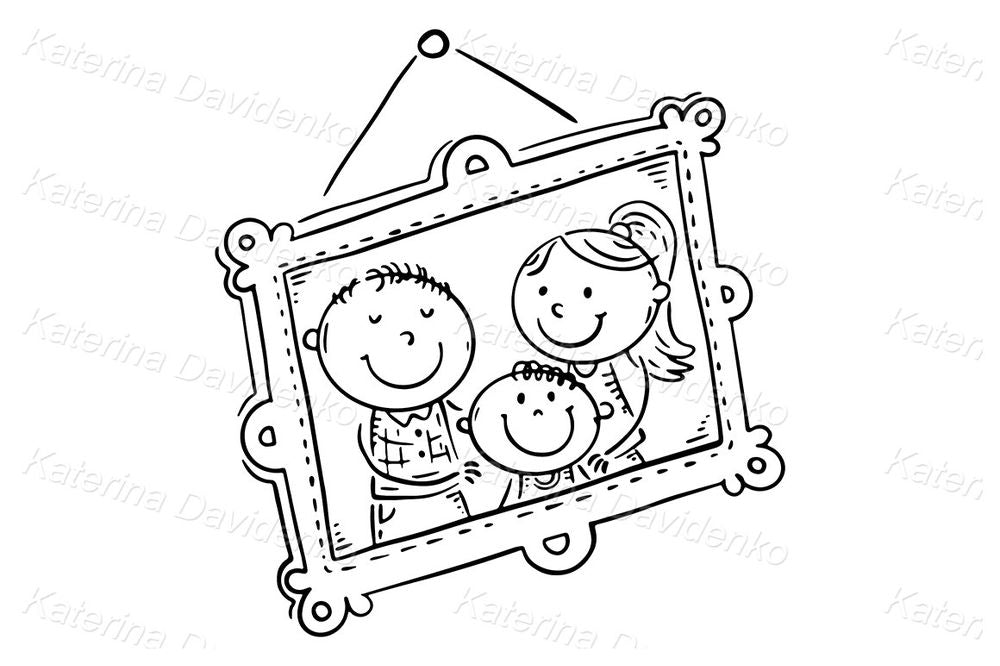 Happy family portrait cartoon clipart in cute picture frame
