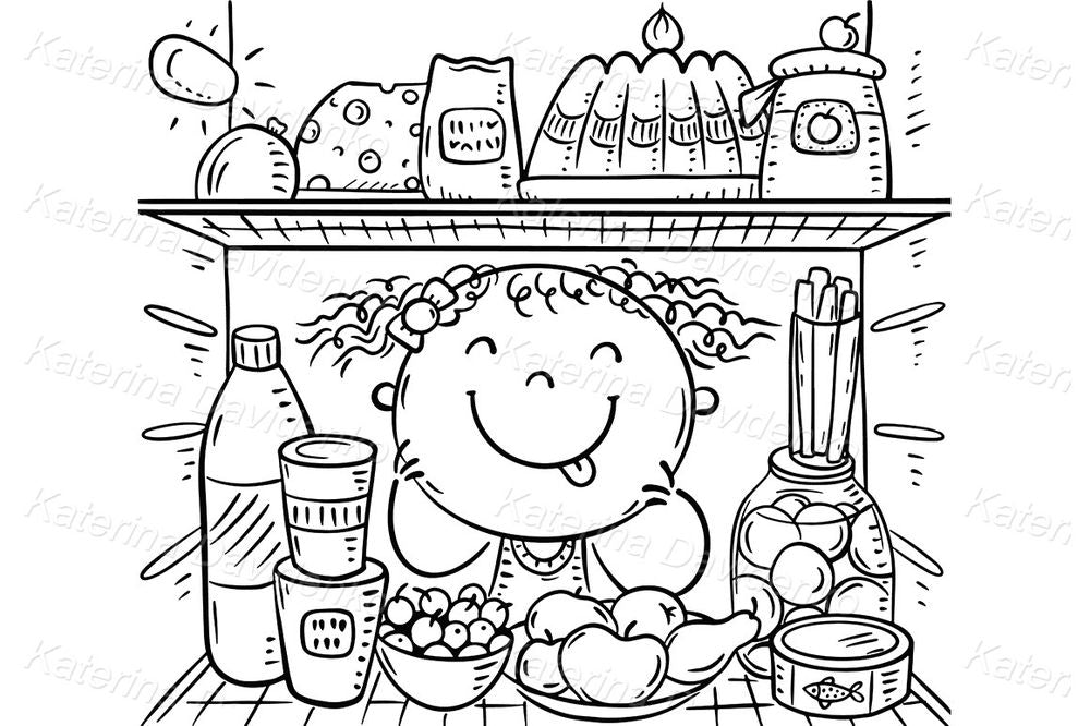 Hungry Girl Looking into Fridge Clipart – Fun Cartoon for Crafts & Printables