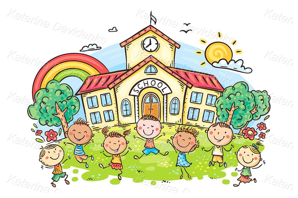 children and school building, back to school clipart