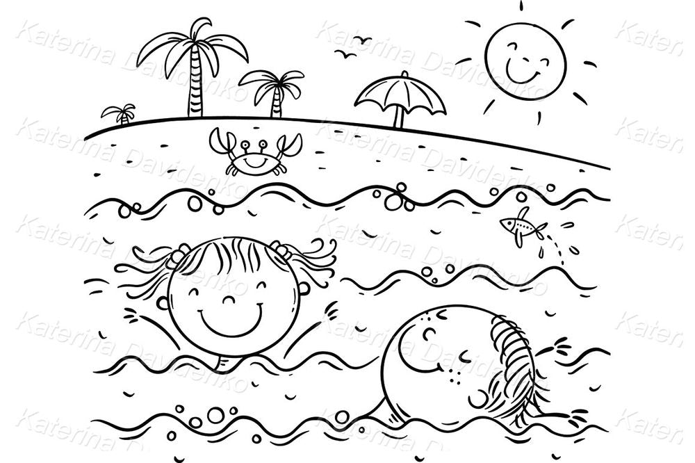 Beach Swimming Kids Clipart – Fun Summer Illustration for Crafts