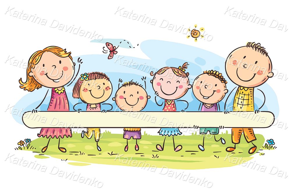 Cartoon family holding blank banner illustration