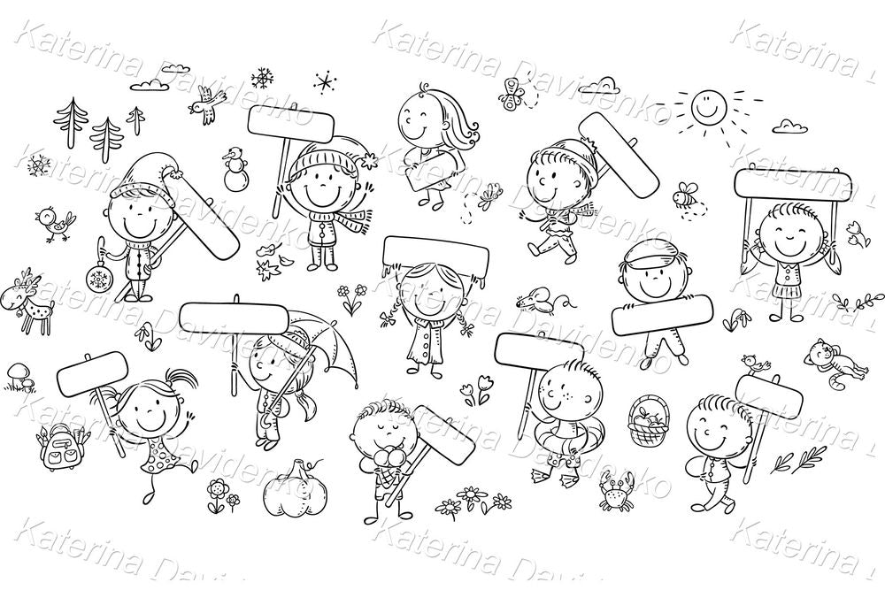 Seasonal Kids Clipart Set – Cute Editable Vector Illustrations