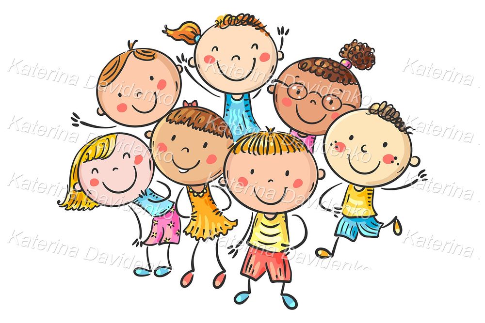 Cute cartoon happy kids group or crowd vector illustration