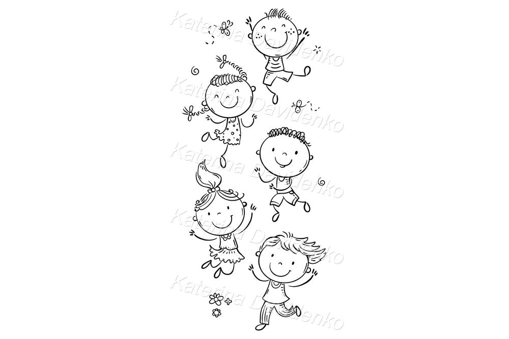 Happy Kids Doodle Clipart – Jumping Children Black and White Art