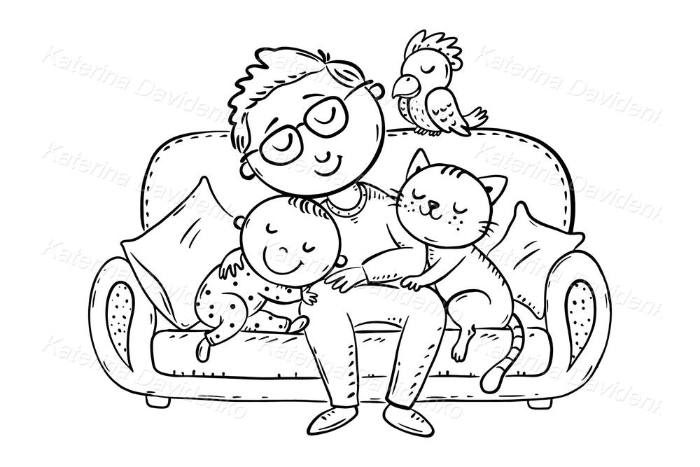 Dad and Baby Sleeping Clipart – Cute Nursery PNG Illustration for Books & Decor