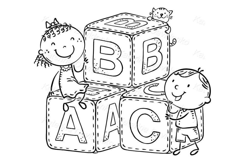 Black and white cartoon kids with alphabet blocks