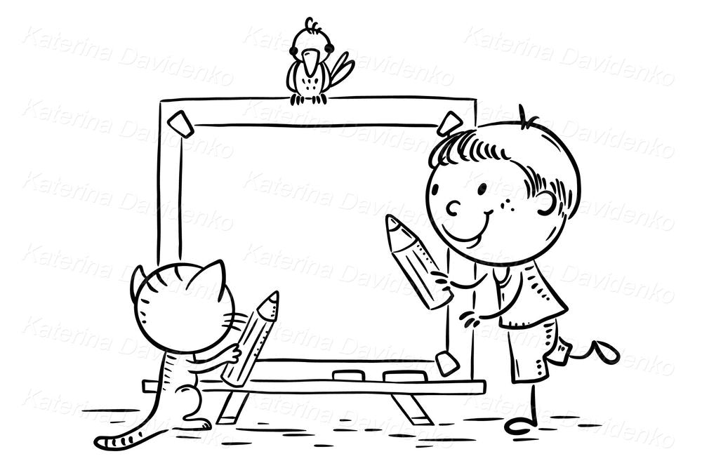 Educational Kids Clipart with Chalkboard – Cute PNG for Worksheets