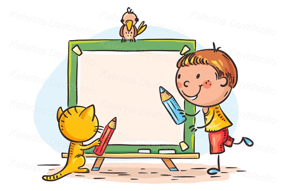 Cute cartoon boy drawing on whiteboard. Creative activity, kindergarten kids education