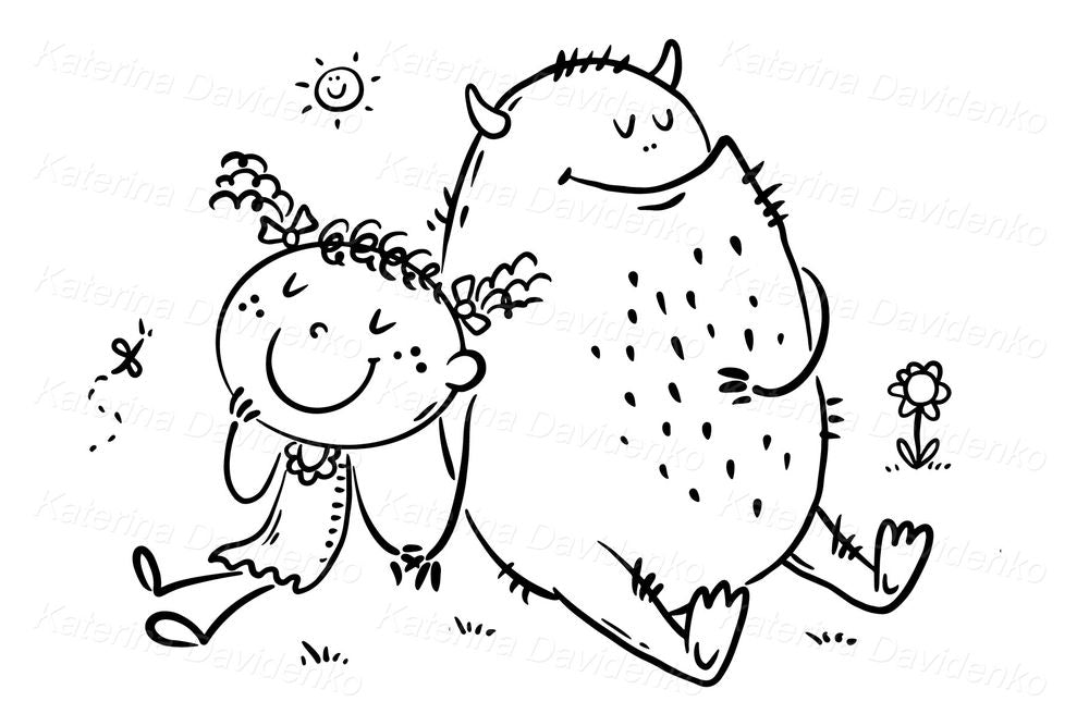 Cute Monster and Girl Clipart – Hand-Drawn Kids PNG for Book Covers