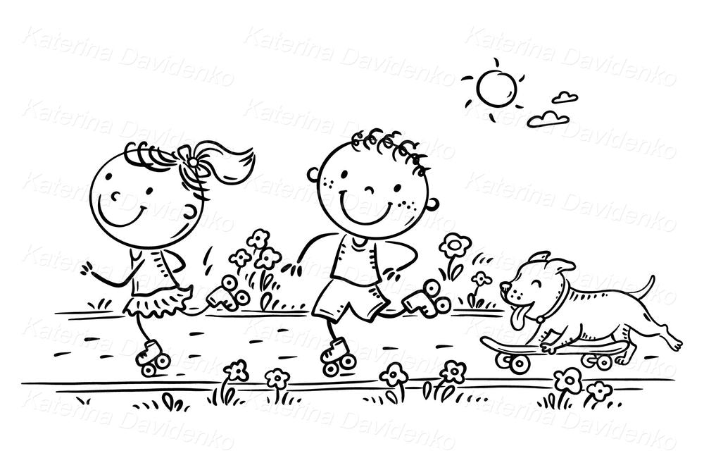 Roller Skating Kids Clipart – Active Cartoon PNG for Learning Materials