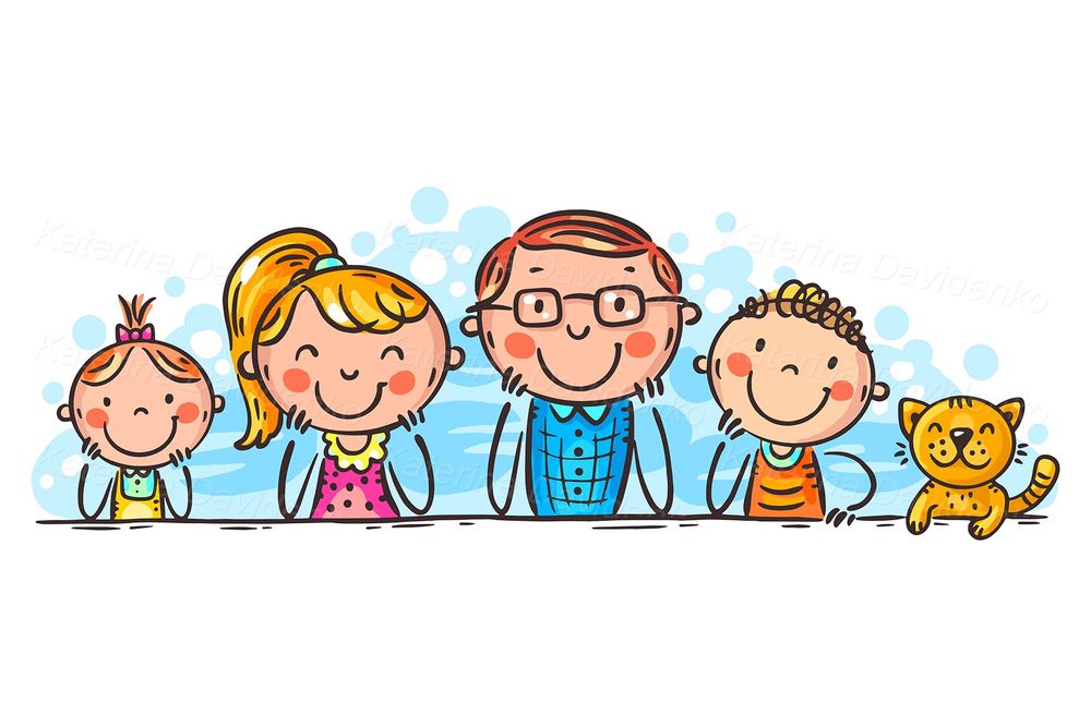 Happy doodle family border. Cartoon parents and children in a row