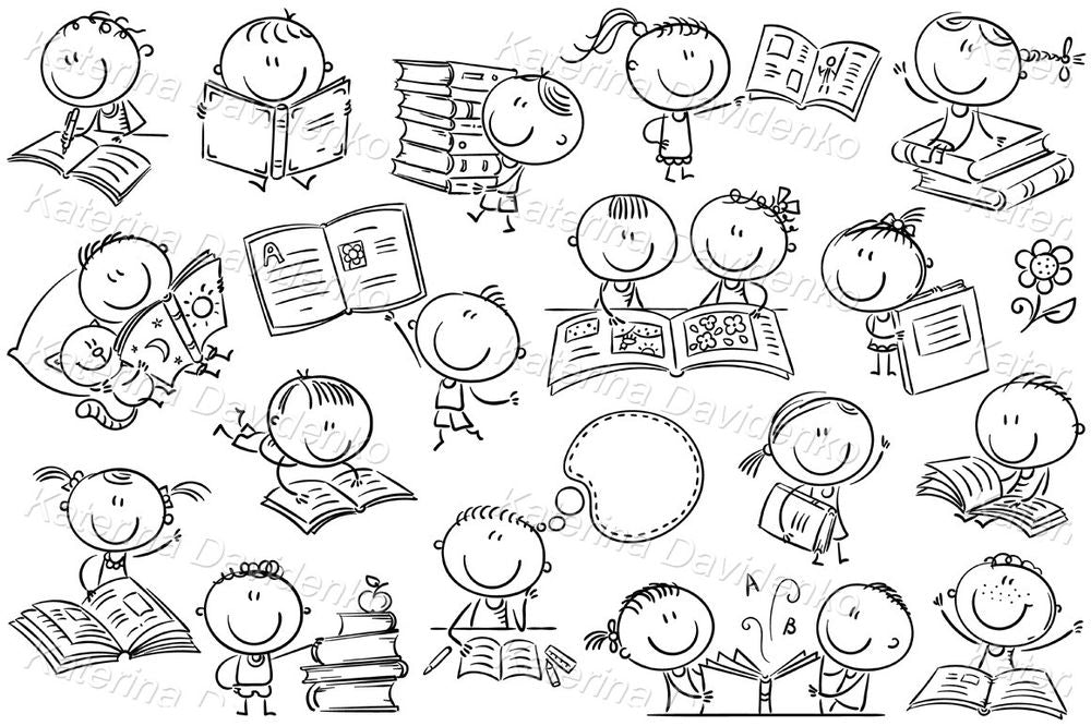 Doodle kids with books clipart set, kids reading vector SVG stickers