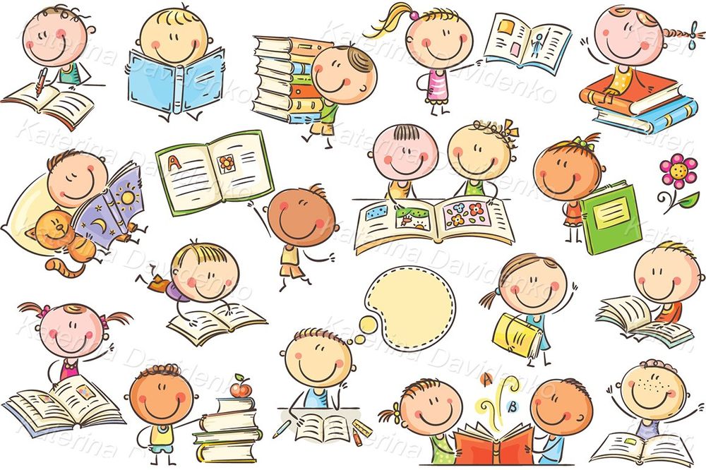 Kids reading books clipart set