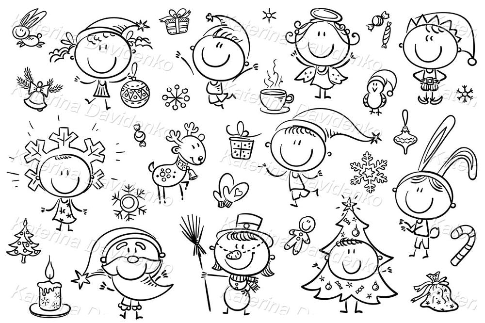 Christmas kids clipart set for greeting cards, high resolution
