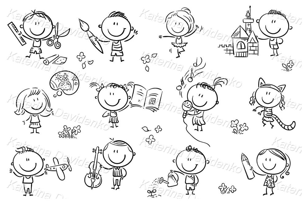 Doodle kids cliparts, kids creative activity vector files for stickers