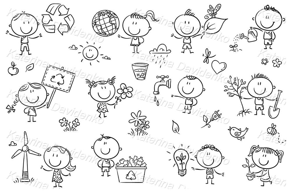 Eco kids illustration – cartoon children with recycling signs, plants, and Earth symbols for stickers, worksheets, and school designs