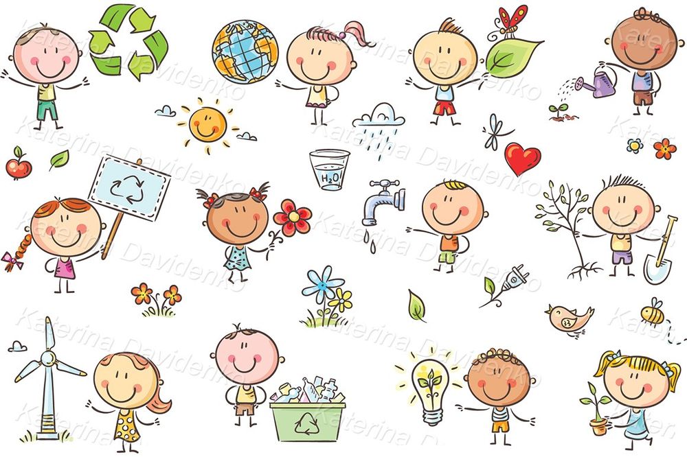 cartoon eco illustration set. Vector clipart with cute children
