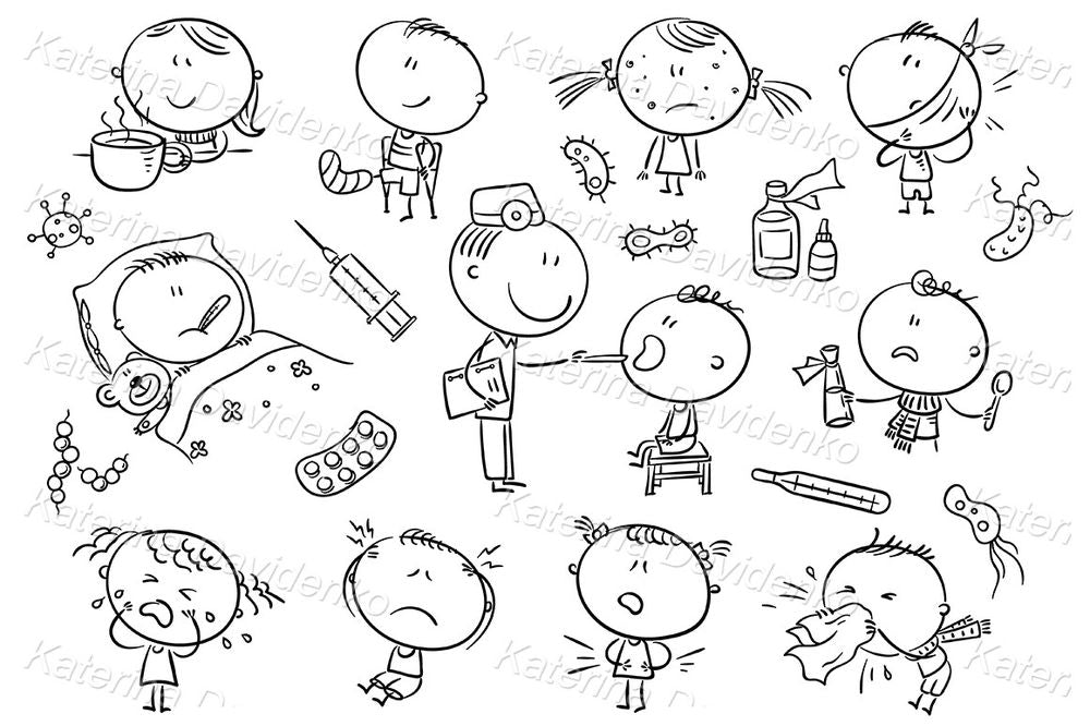 Sick children clipart – cute cartoon kids with cold, flu and fever for posters, doctor kits, and healthcare printables